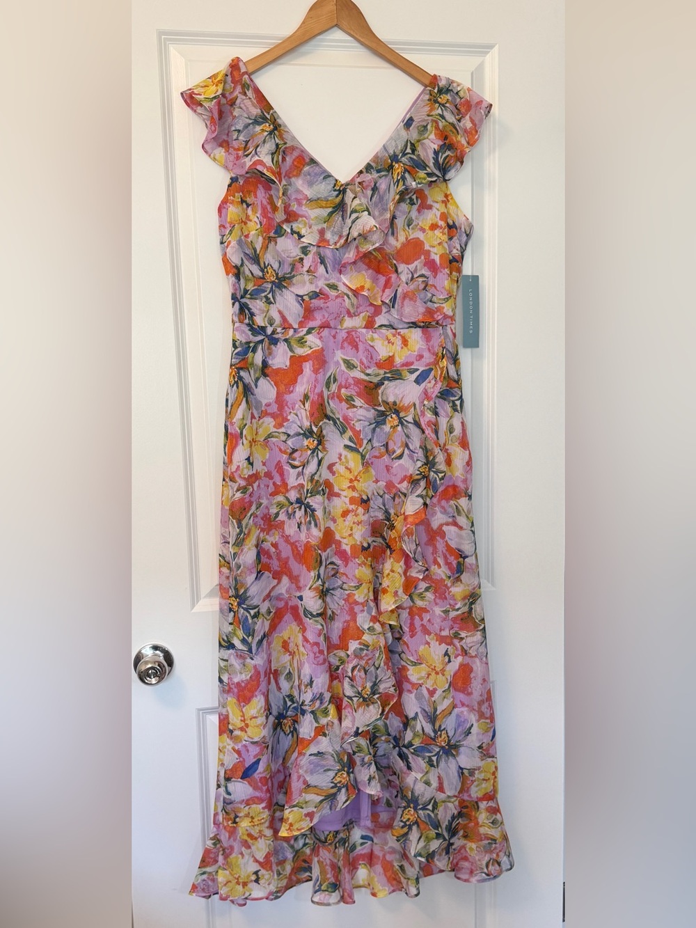 London Times shimmering floral midi dress with ruffled cap sleeves